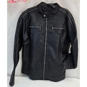 Hard Edge Mens Black Faux Leather Moto Jacket Cafe Racer Snap Collar Medium
